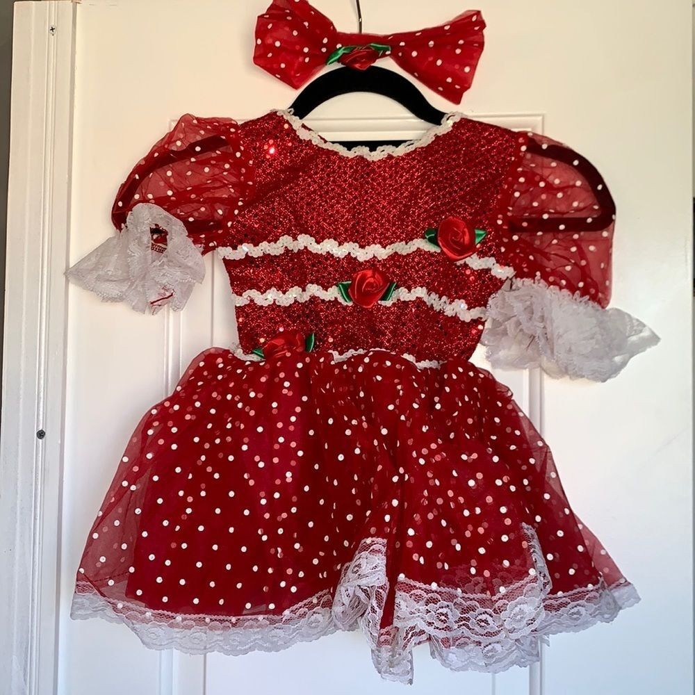 Adorable Tap Costume. Red with white lace trim and polka dots.